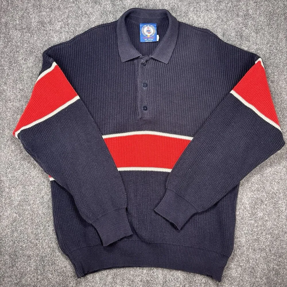 Vintage Demetre Ski Sweater Mens Navy Red 100% Cotton Button Pullover Medium USA